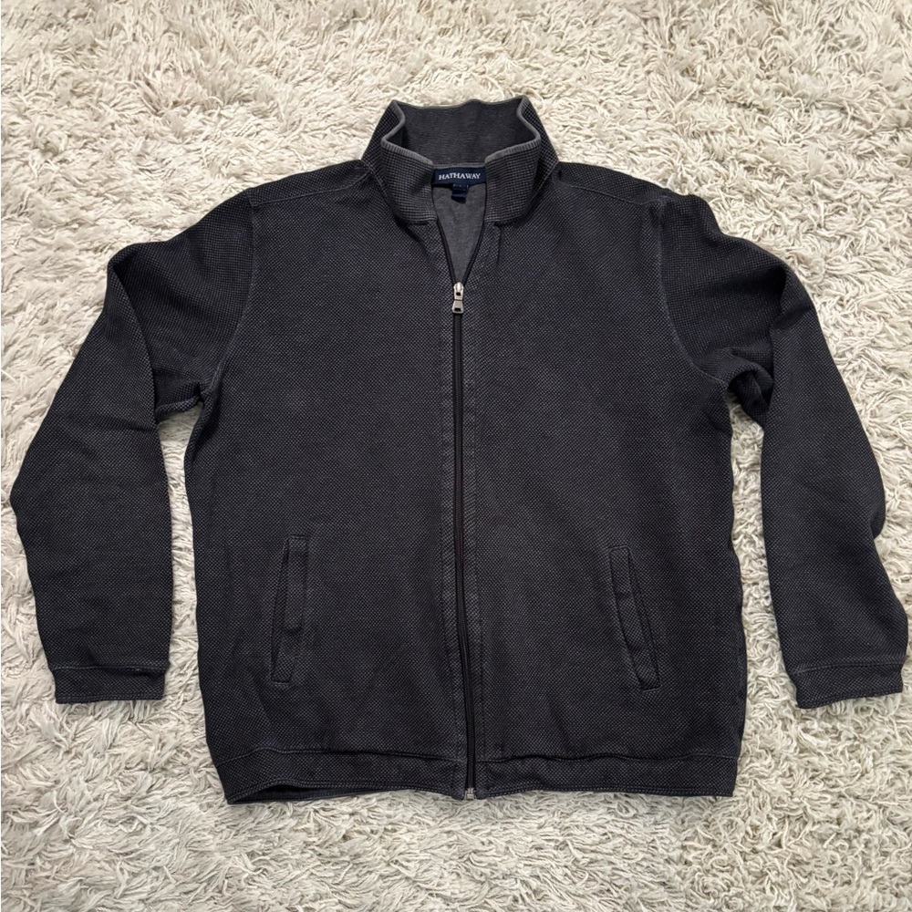 Men's Hathaway Black/Dark Gray Waffle Knit Full Zip Sweater Size L